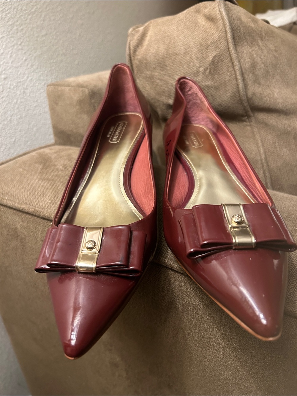 Coach Burgundy Pointed-Toe Bow Flats with Gold Accent